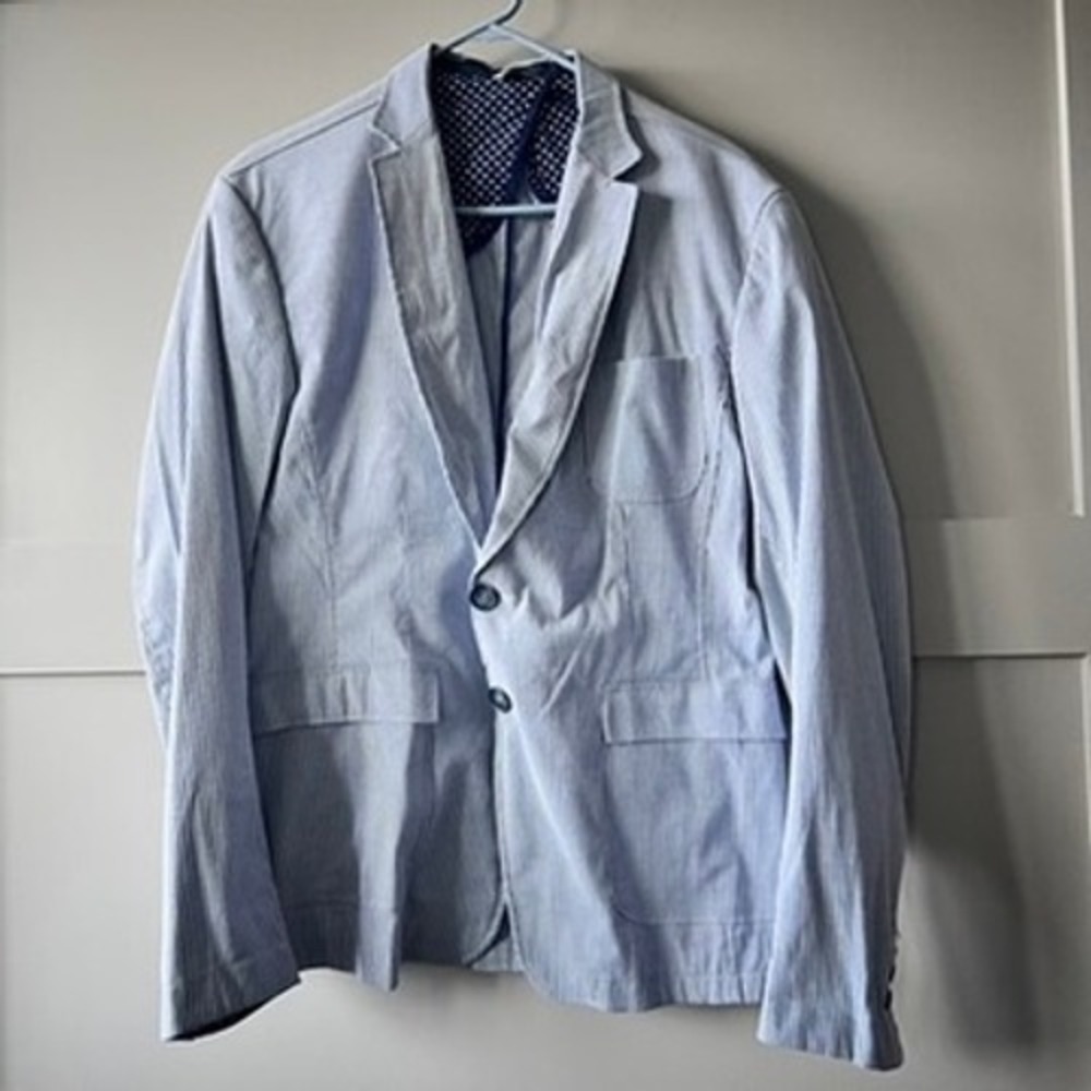 XM Collection Blazer Men Large Blue Pinstripe Seersucker Sport Coat Italy Preppy